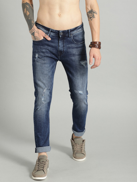 

Roadster Men Navy Blue Skinny Fit Mid-Rise Low Distress Stretchable Jeans
