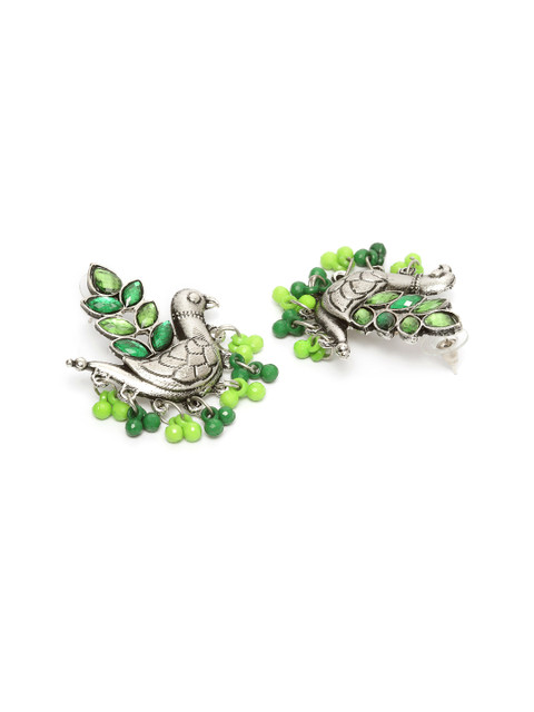 

Moedbuille Green & Silver-Plated Peacock Shaped Drop Earrings