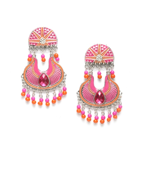 

Moedbuille Silver-Plated Pink & Orange Meenakari Crescent Shaped Drop Earrings