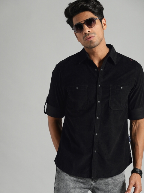 

The Roadster Lifestyle Co Men Black & Bronze-Toned Corduroy Regular Fit Solid Casual Shirt