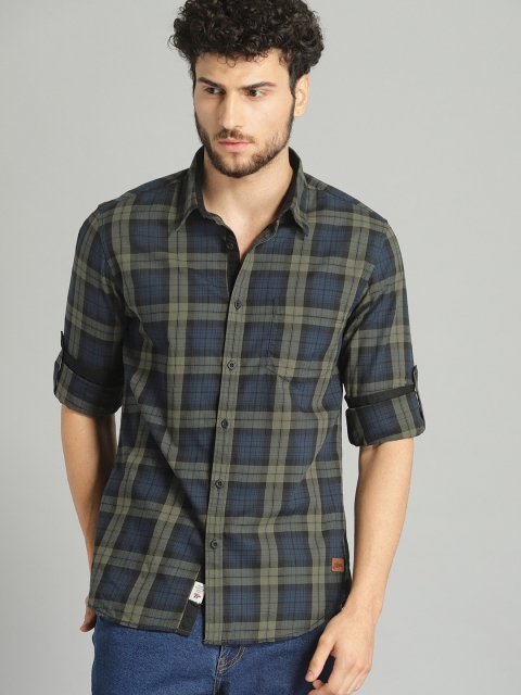 

Roadster Men Teal Blue & Olive Green Regular Fit Checked Casual Shirt