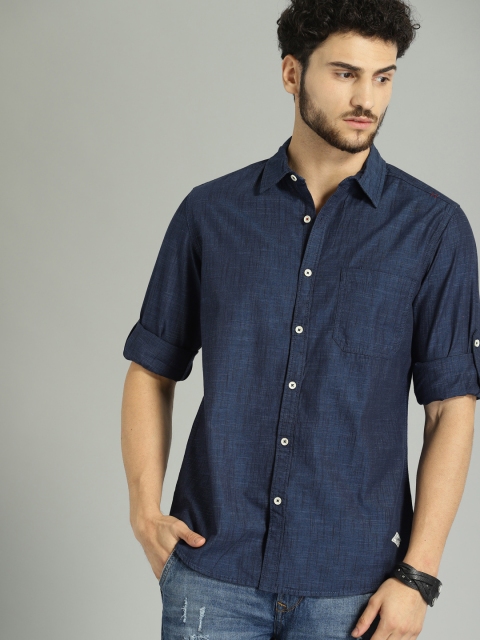 

Roadster Men Navy Blue Slub Casual Shirt
