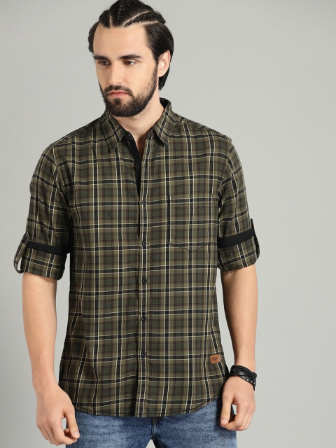 

Roadster Men Olive Green & Black Regular Fit Checked Casual Shirt