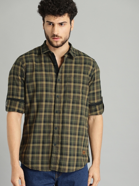 

The Roadster Lifestyle Co Men Olive Green & Khaki Regular Fit Checked Casual Shirt