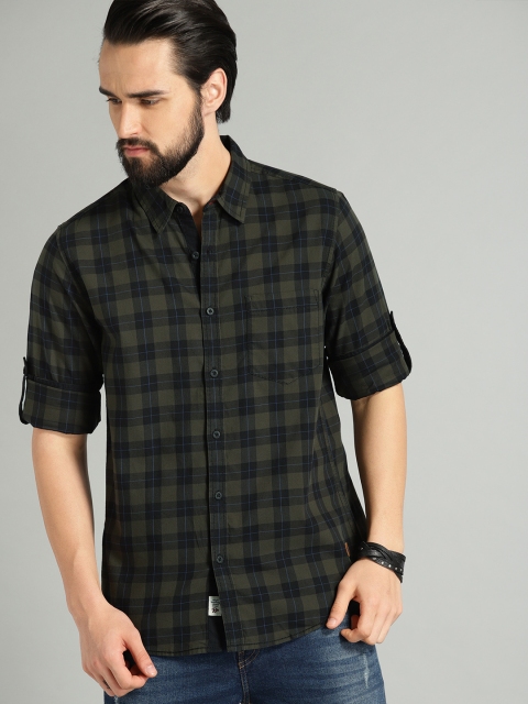 

Roadster Men Olive Green & Black Regular Fit Checked Casual Shirt