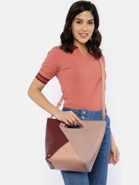 

French Connection Pink & Burgundy Colourblocked Handheld Bag