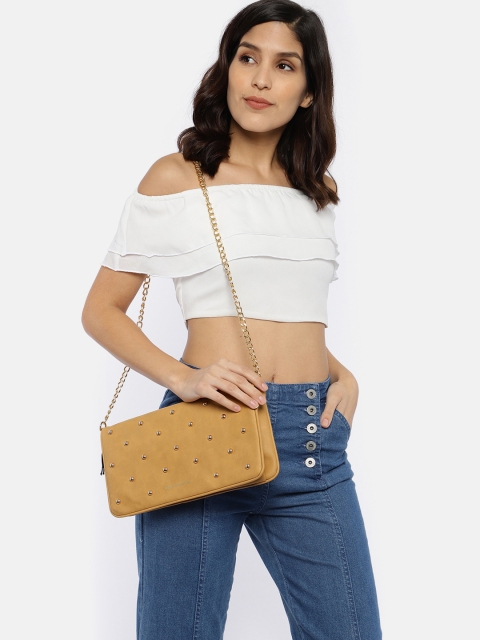 

French Connection Mustard Yellow Embellished Leather Sling Bag