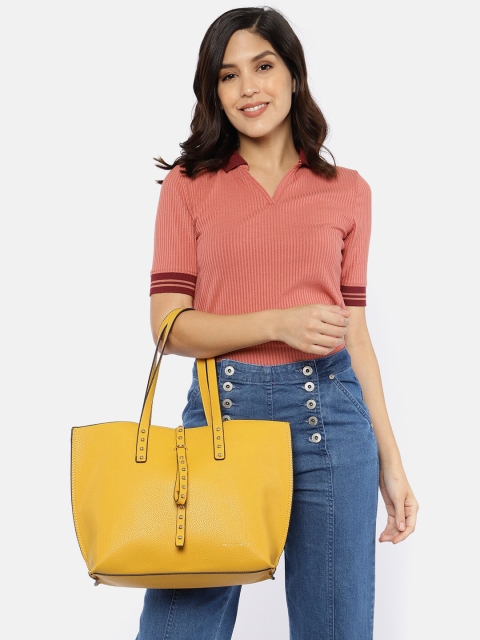 

French Connection Yellow Textured Tote Bag With Pouch