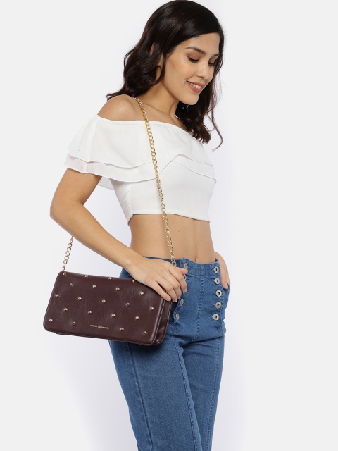

French Connection Maroon Embellished Leather Sling Bag