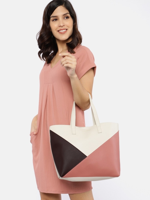 

French Connection Beige & Pink Colourblocked Tote Bag With Pouch