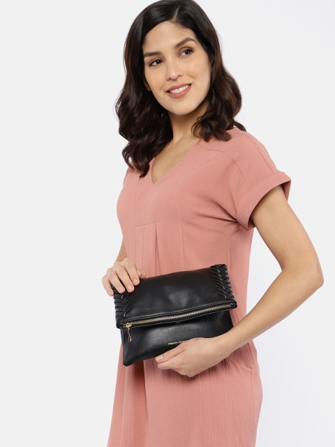 

French Connection Black Solid Leather Foldover Clutch