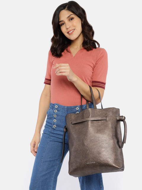 

French Connection Bronze-Toned Solid Tote Bag With Pouch