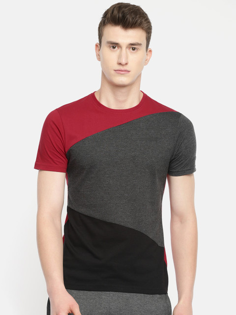 

Proline Active Men Red Grey Melange Colourblocked Round Neck Pure Cotton T-shirt