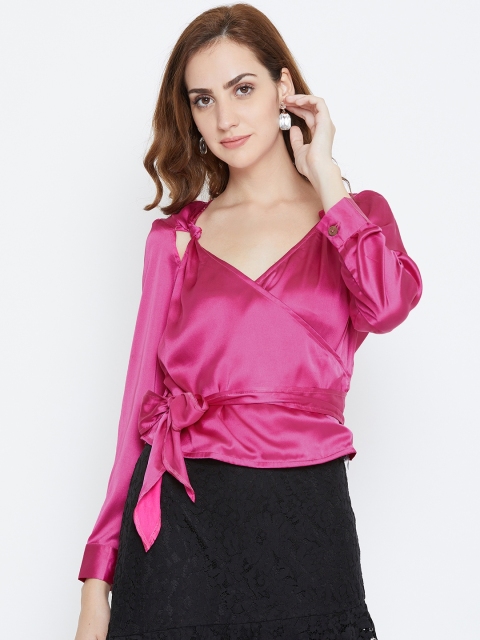 

LA LOFT Women Fuchsia Pink Solid Wrap Top