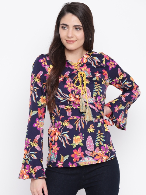 

LA LOFT Women Navy Blue & Orange Floral Print Top