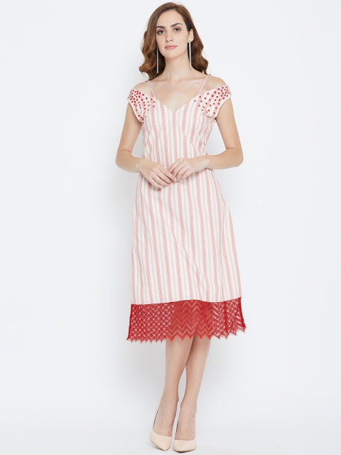 

LA LOFT Women Off-White & Orange Striped Off-Shoulder A-Line Dress