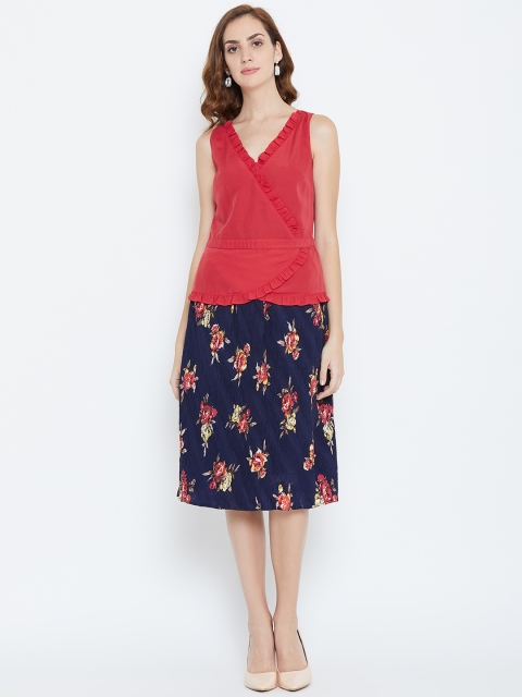 

LA LOFT Women Navy Blue & Red Printed Wrap Dress