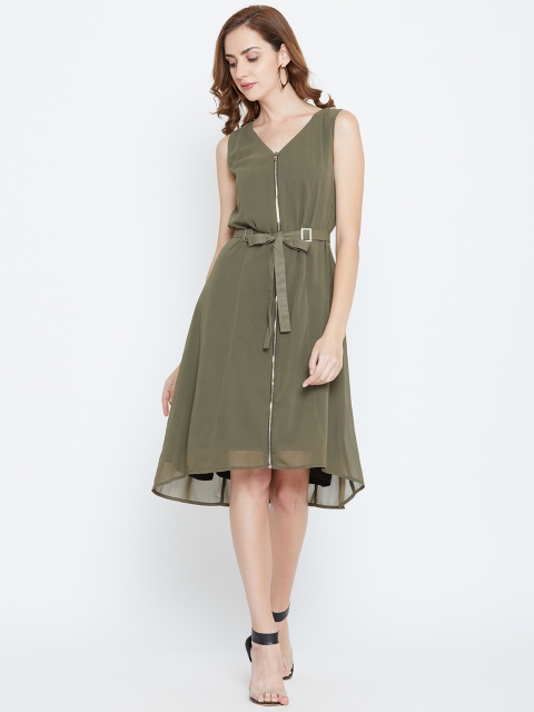 

LA LOFT Women Olive Green Solid A-Line Dress