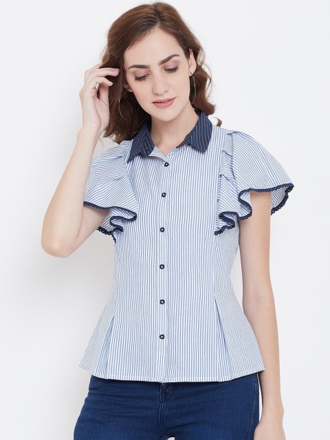 

LA LOFT Women Blue & White Regular Fit Striped Casual Shirt