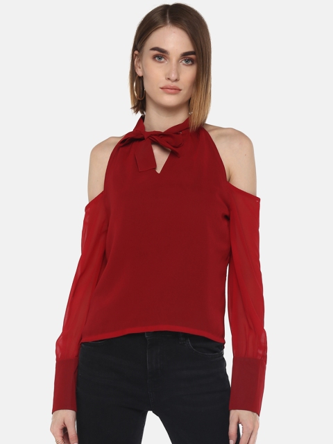 

LA LOFT Women Maroon Solid Cold-Shoulder Top