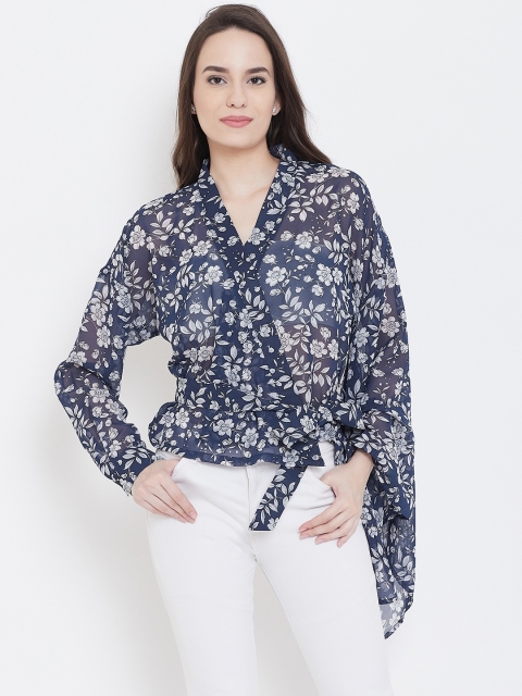 

LA LOFT Women Navy Blue & White Printed Wrap Top