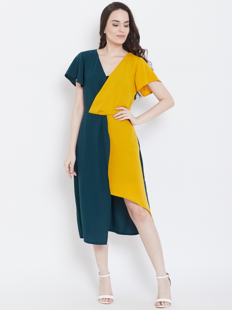 

LA LOFT Women Teal Green & Mustard Yellow Colourblocked Wrap Dress
