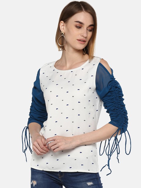 

LA LOFT Women White & Teal Blue Printed Top