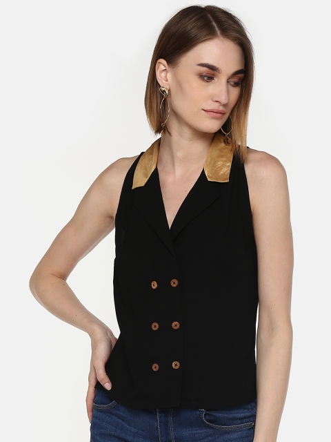 

LA LOFT Women Black Solid Double-Breasted Top