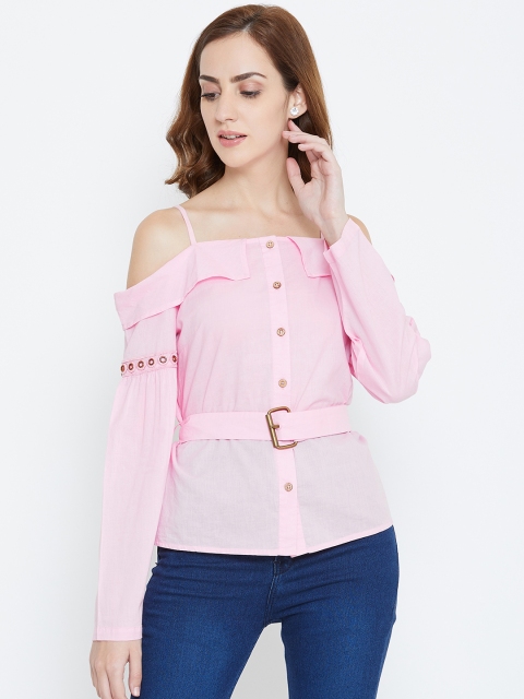 

LA LOFT Women Pink Solid Cold-Shoulder Top
