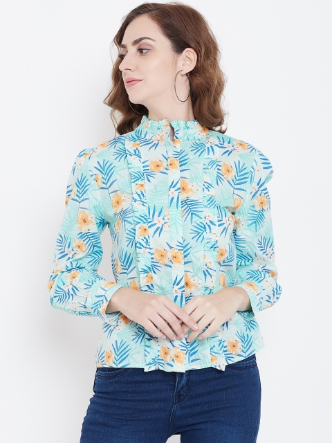 

LA LOFT Women Sea Green & Blue Floral Print Shirt Style Pure Cotton Top