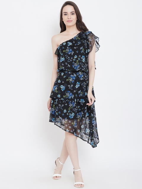 

LA LOFT Women Black & Blue Printed Semi-Sheer One-Shoulder A-Line Dress