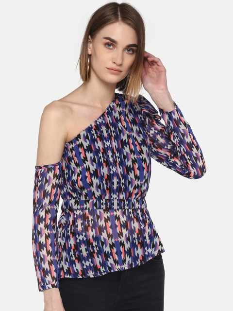 

LA LOFT Women Navy Blue & Pink Printed One-Shoulder A-line Top