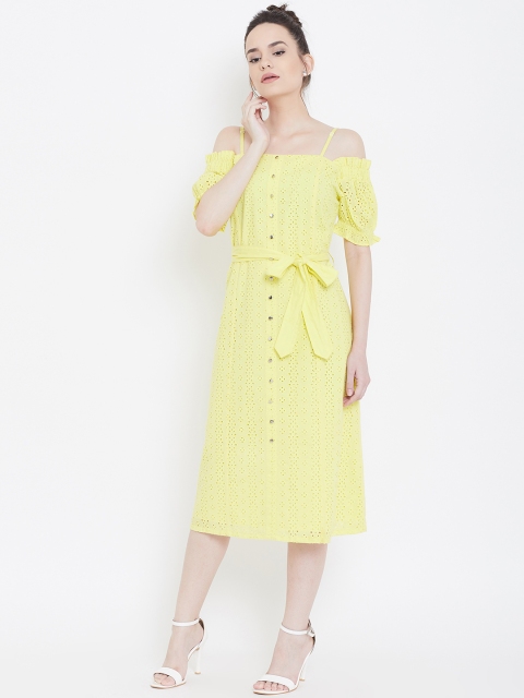 

LA LOFT Women Yellow Schiffli Embroidered A-Line Dress