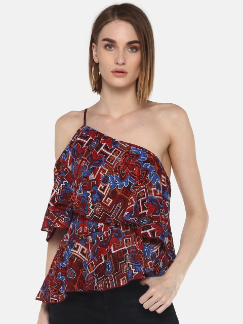 

LA LOFT Women Rust Brown & Blue Printed Layered One-Shoulder A-Line Top
