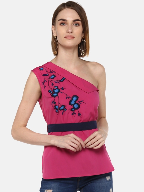 

LA LOFT Women Fuchsia Pink Embroidered One Shoulder Top