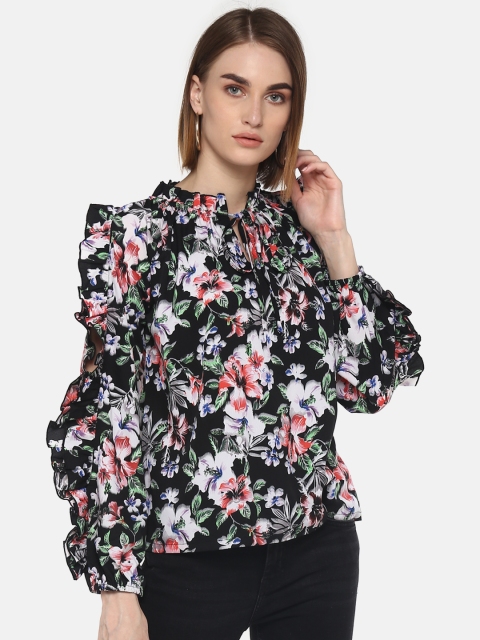 

LA LOFT Women Black & Off-White Floral Print Top