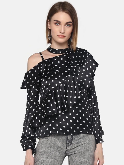 

LA LOFT Women Black & WHite Polka Dot Print Styled Back Top