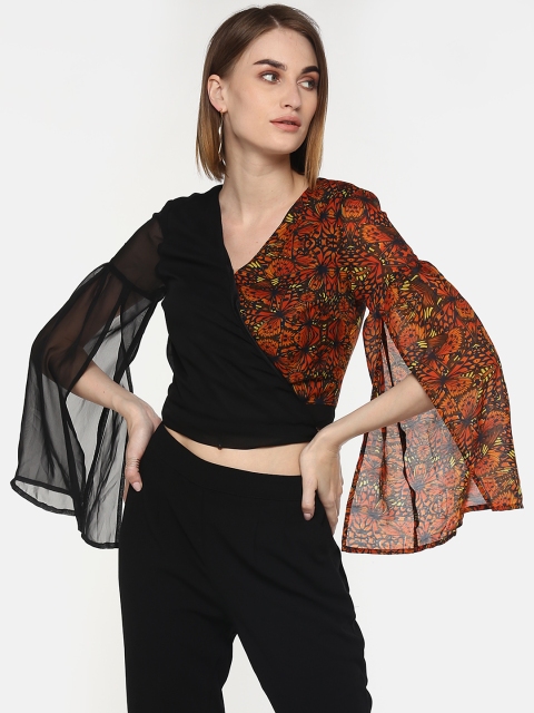 

LA LOFT Women Black & Orange Printed Crop Wrap Top