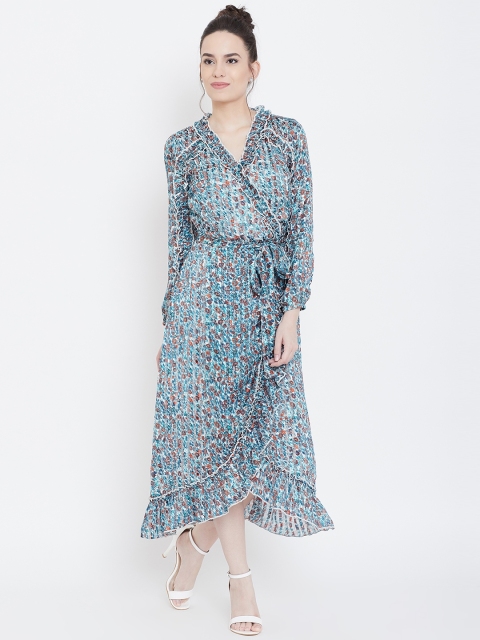 

LA LOFT Women Blue & White Printed Semi-Sheer Wrap Dress