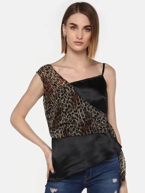 

LA LOFT Women Black & Beige Animal Print Top