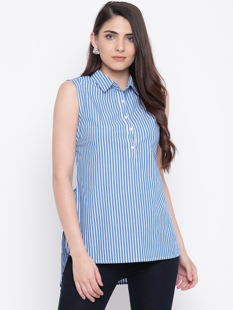 

LA LOFT Women Blue & White Striped Shirt Style Pure Cotton Top