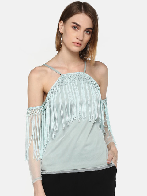 

LA LOFT Women Blue Solid Fringed Net Top, Sea green