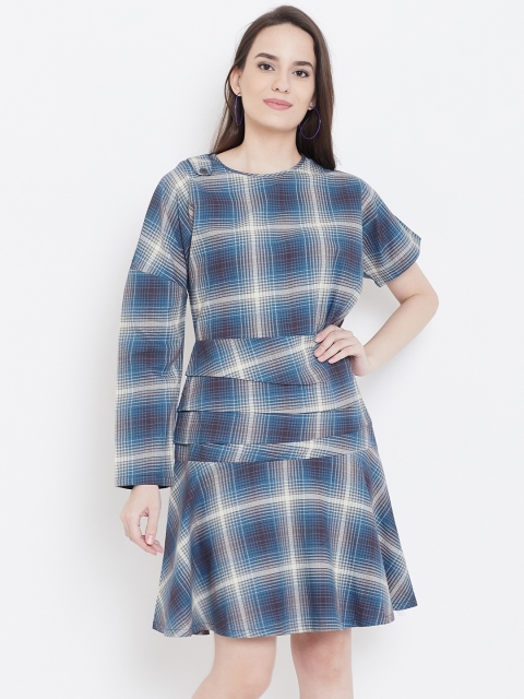 

LA LOFT Women Blue & Beige Checked A-Line Dress