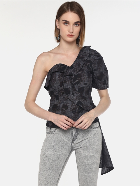 

LA LOFT Women Grey & Black Printed One-Shoulder Fitted Top