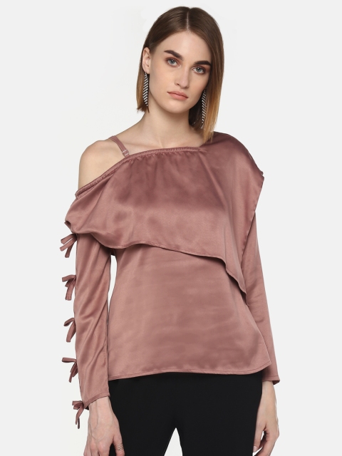 

LA LOFT Women Dusty Pink Solid Satin Finish One-Shoulder Top