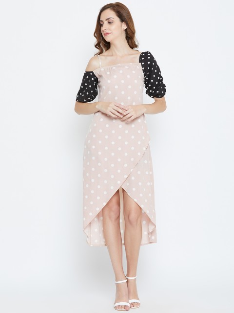 

LA LOFT Women Peach-Coloured & White Printed High-Low Midi A-Line Dress