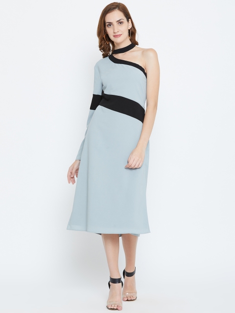 

LA LOFT Women Grey & Black Colourblocked Midi One Shoulder A-Line Dress