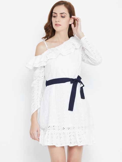 

LA LOFT Women White Schiffli Embroidered A-Line Dress