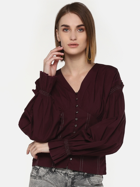

LA LOFT Women Burgundy Solid Empire Pure Cotton Top