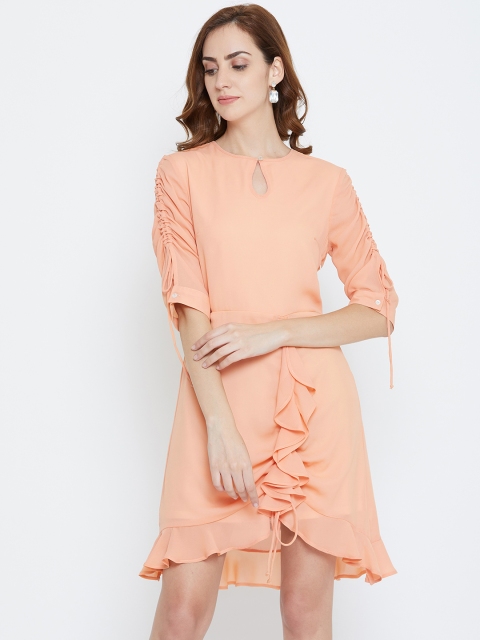 

LA LOFT Women Peach-Coloured Solid Ruffled A-Line Dress